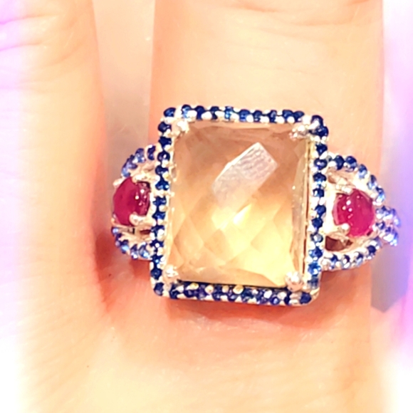 Faceted Citrine, Garnet & Ruby Gemstone Sterling Silver 925 Ring - Picture 3 of 6